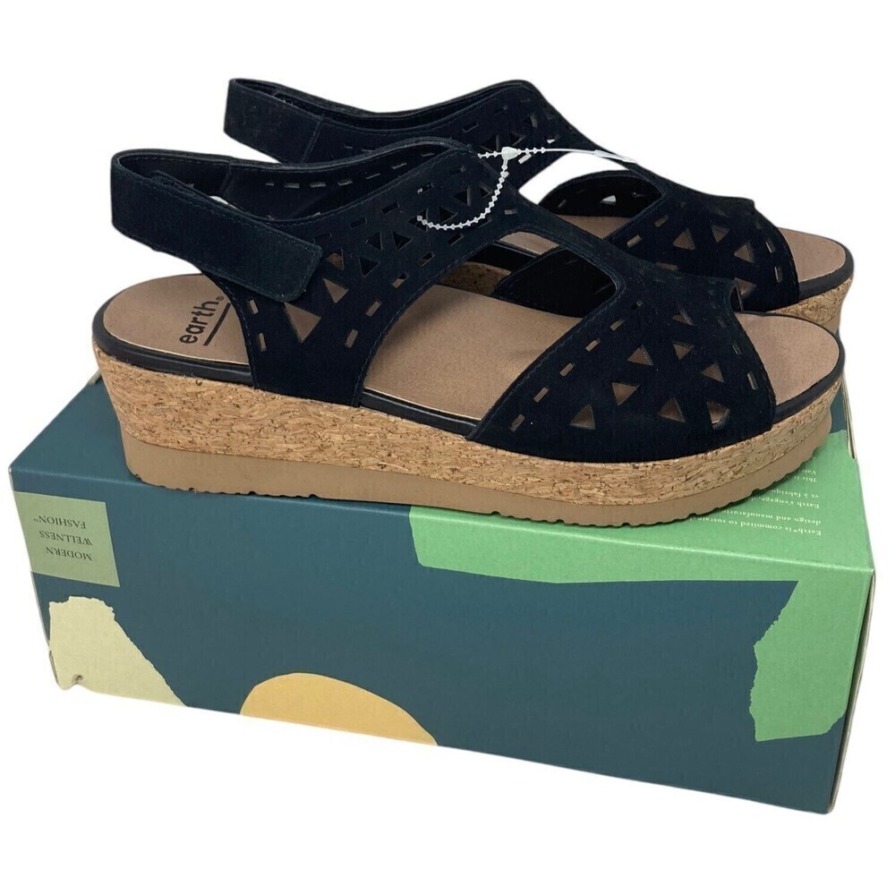 NEW Earth Buran Rosa Sandals Women's Size 8 Wedge Black Suede Leather